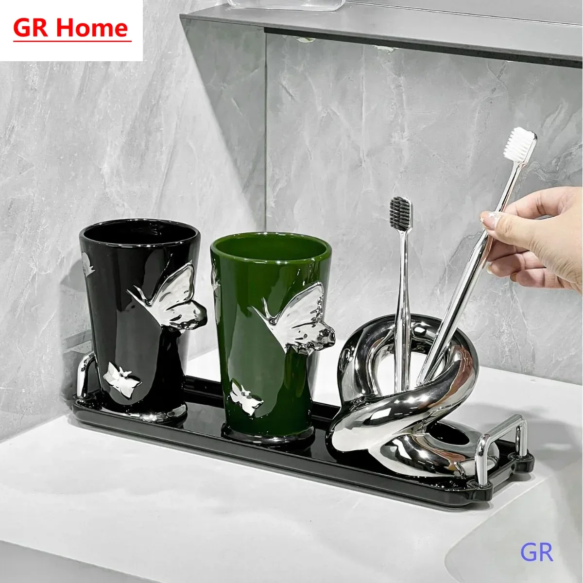 Light Luxury Butterfly Ceramic Rinsing Cup Set with Twisted Silver Stand for Bathroom Toothbrush Holder