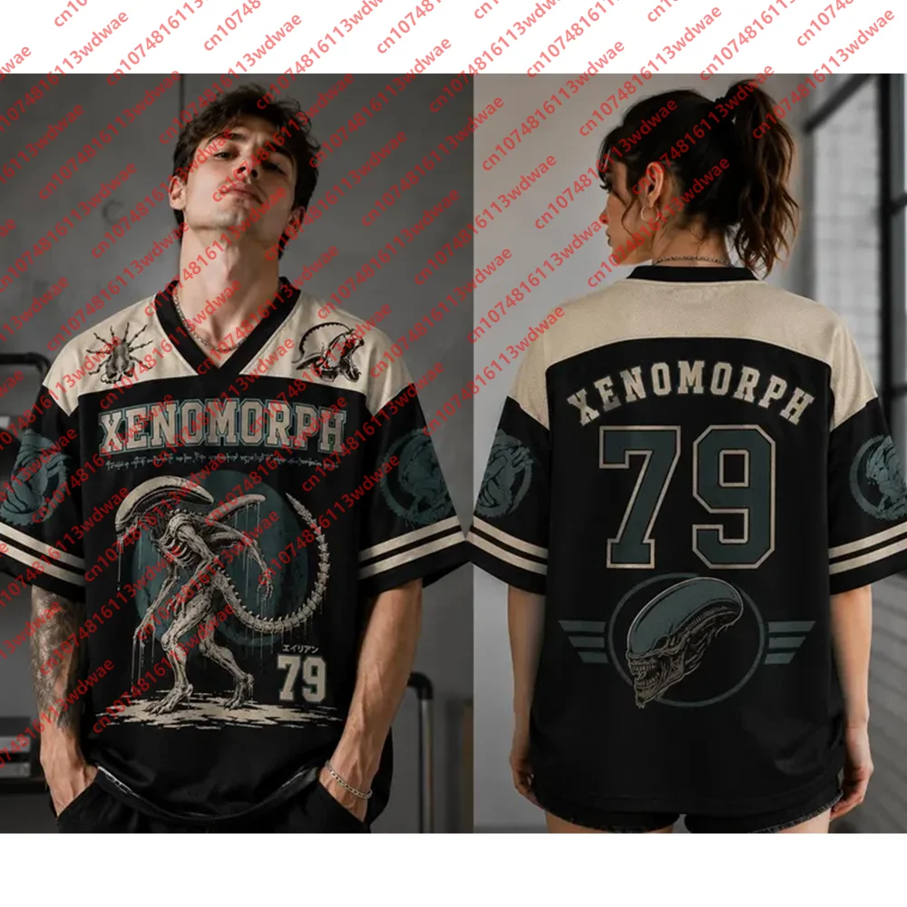 2026 New Xenomorph 79 Alien Movie Hockey Jersey Black Short Sleeve Horror Sci-Fi Retro Casual Gothic Streetwear Sports Kid Top
