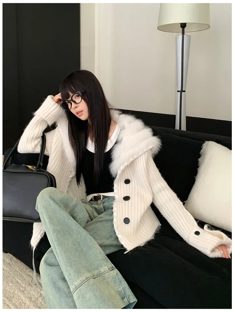 Women Slim Long Sleeve Cardigan Jacket Knitting Real Fox Fur Coat Female New Autumn Winter Clothes Knitted Sweater