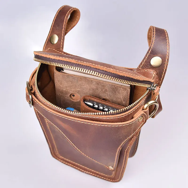 Bolsa de cintura de couro genuíno para homens, saco de cinto vintage alto, pacote de cintura de motocicleta masculina