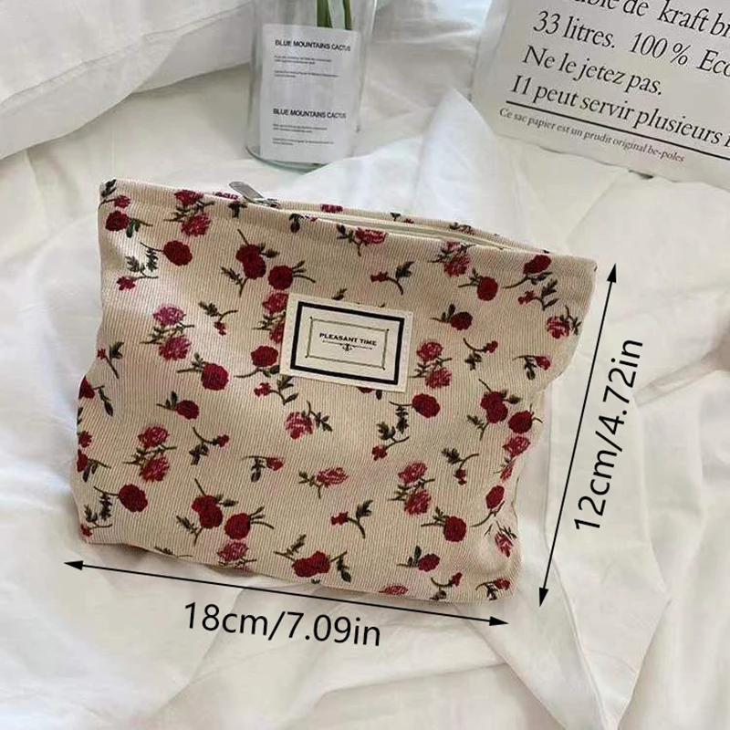 Sac à cosmétiques en velours côtelé pour femmes, pochette à fleurs, trousse de beauté, trousse de toilette mignonne, grands sacs d'évaluation de maquillage, poudres cosmétiques coréennes