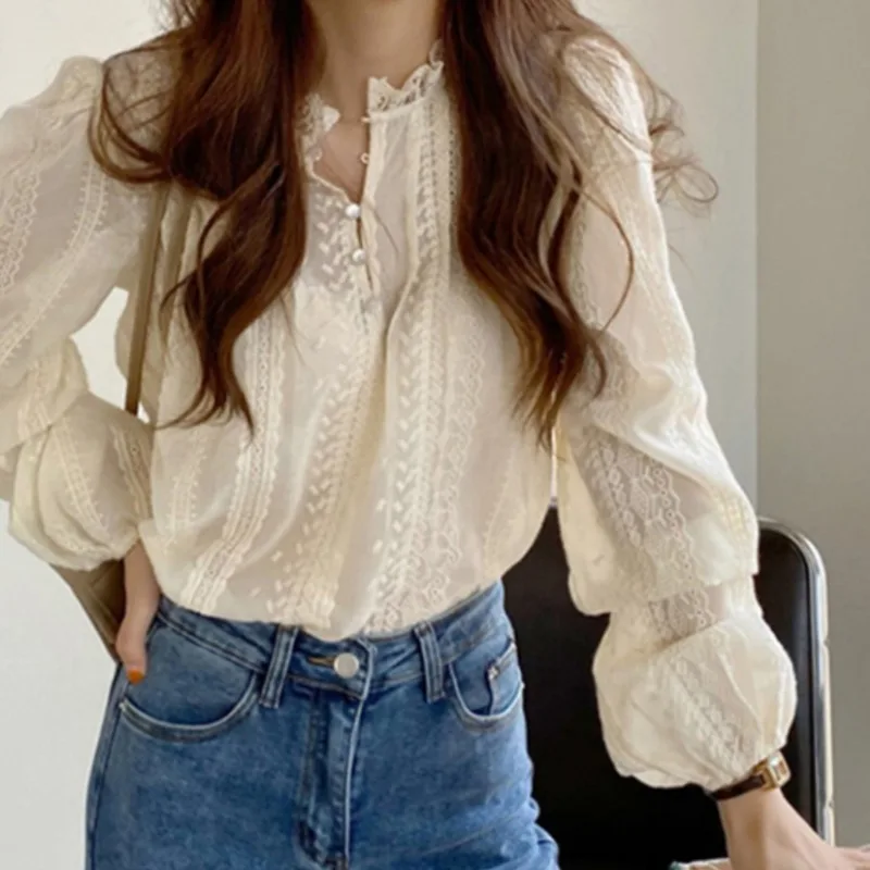 OCEANLOVE Spring Autumn Lace Shirts&blouses Women Tops Korean Fashion Chic Solid Blusas Feminina Elegant Sweet Camisas