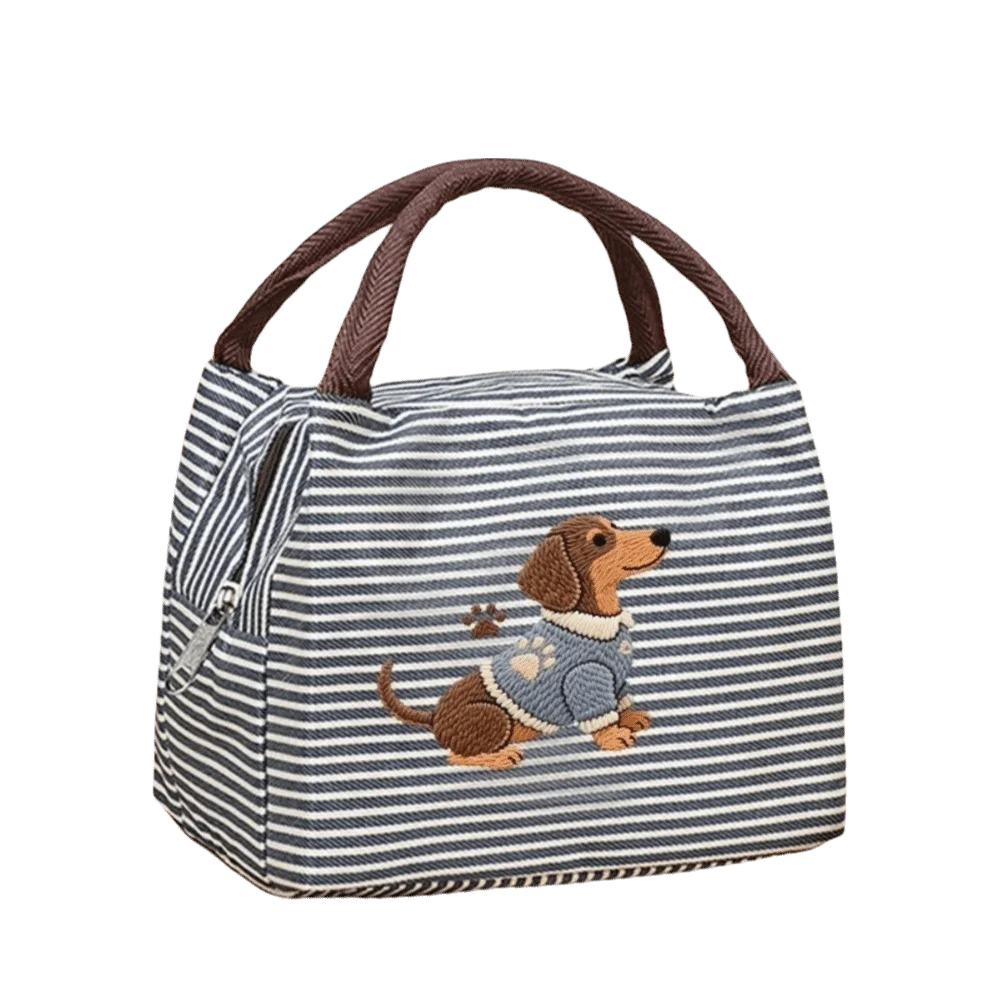 Exquisite Puppy Embroidery Thermal Lunch Bag Striped Insulated Tote Bag Handheld Portable Food Container Bag Camping