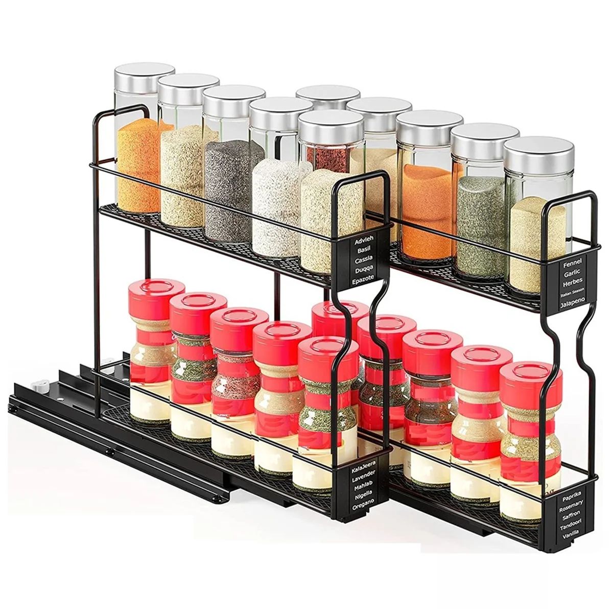 Spice Rack Organizer, 2-Tier Pull Out Seasoning Rack for Kitchen Cabinet, Spice Drawer Organizer Shelf for Small Space