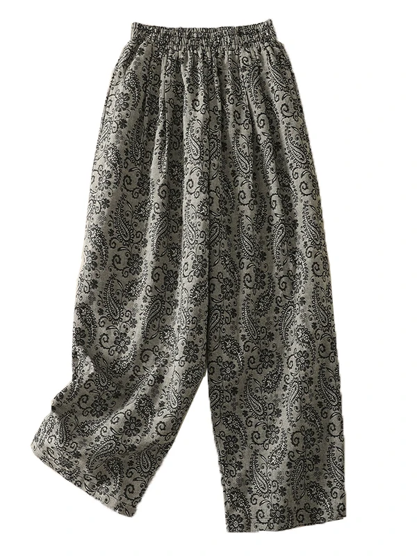 Pantaloni a gamba larga in cotone e lino con stampa di anacardi, fascione femminile, moda, pantaloni larghi e comodi, con sensazione di caduta, abbigliamento da donna