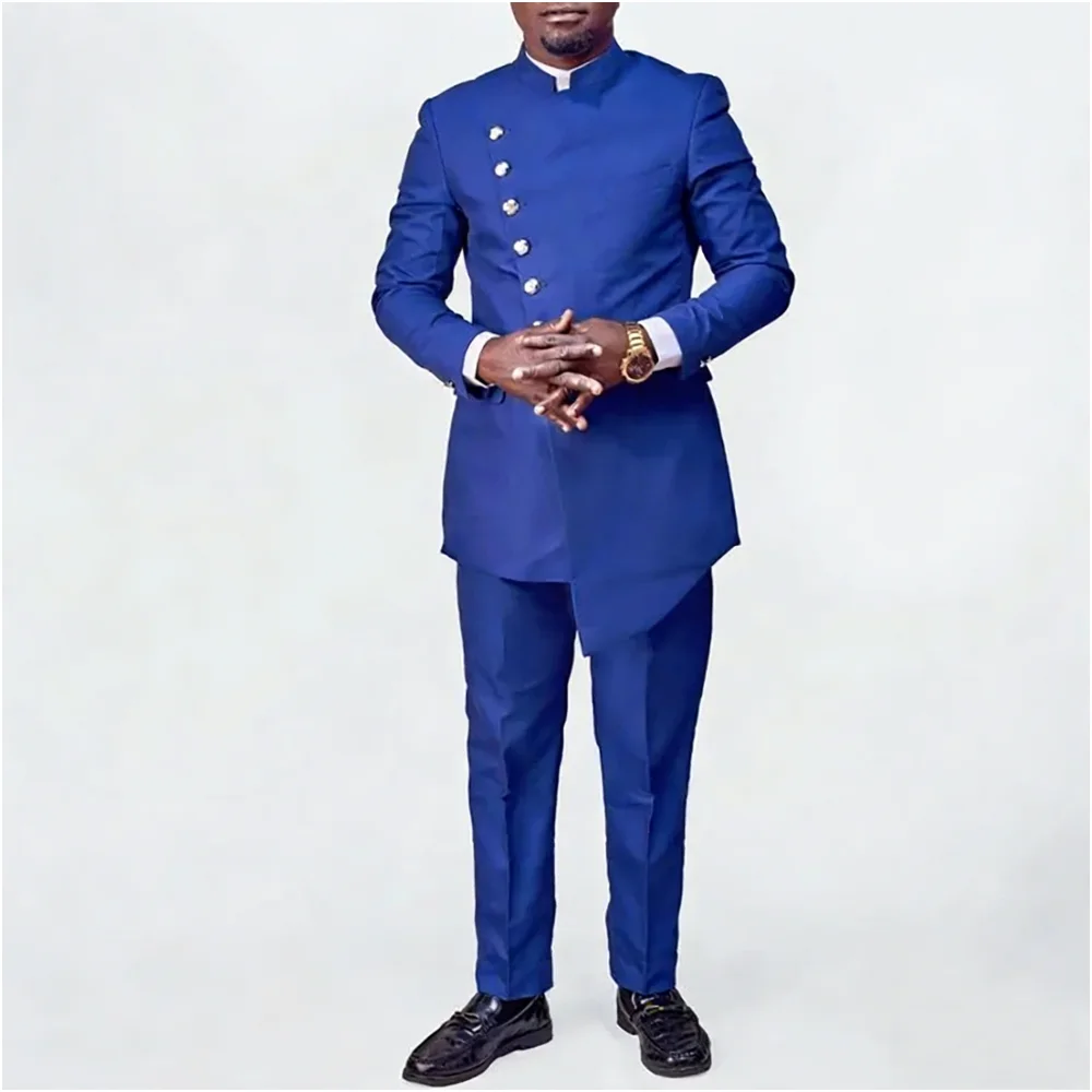 

Fashion Blue Men Suits Single Breasted Stand Lapel Casual Outfits Party Prom Wedding Custom Blazer 2 Pieces(Jacket+Pants)