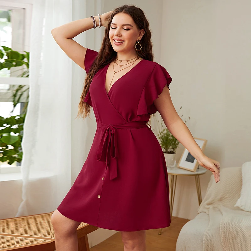 Della Mel Plus Size Women Clothing Dresses Summer Chiffon Deep V Sexy Red Mini Dress Elegant Casual Large Size Party Dresses 4XL