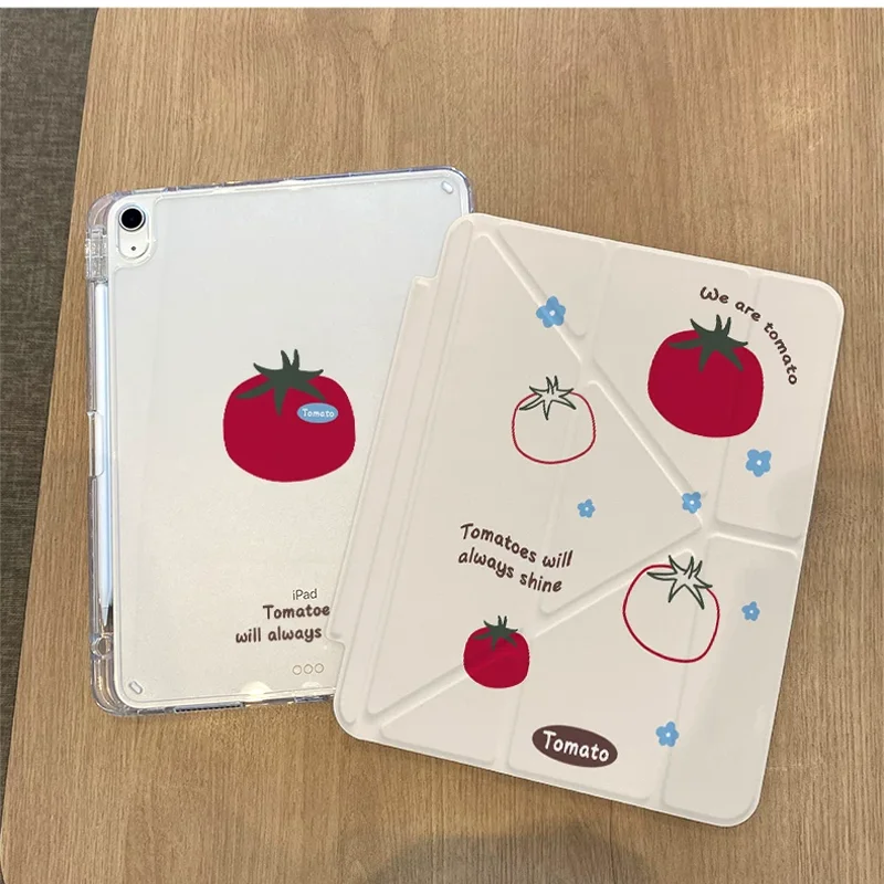 Kawaii Cute Lines Red Tomatoes English For iPad Cover Pro Air M5 M4 M3 M2 2 1 11th A16 12.9