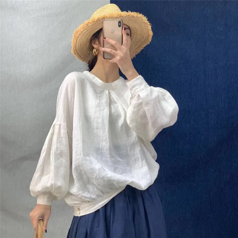 Johnature 2023 Spring Cotton Linen Loose Solid Color Womens Tops And Blouses New O-neck Lantern Sleeve Button 3 Colors Shirts