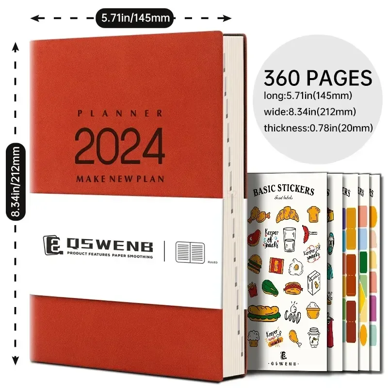 2024 New A5 English Version Schedule Book Customized Daily Time Management Manual Plan Book With 5 Stickers Diary Book Notebook