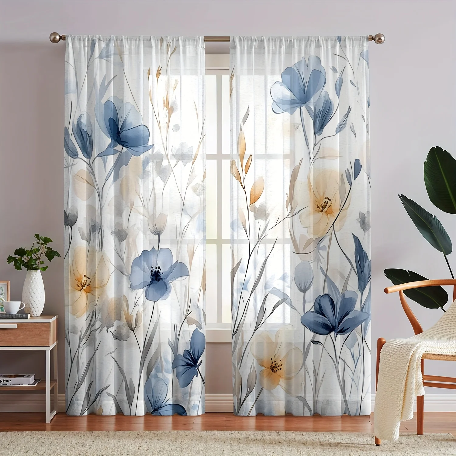 2 Pieces of High-Definition Digital Gold Wheat Ear Leaf Printed Window Screen Home Decoration Style Decoration Living Room Bedro