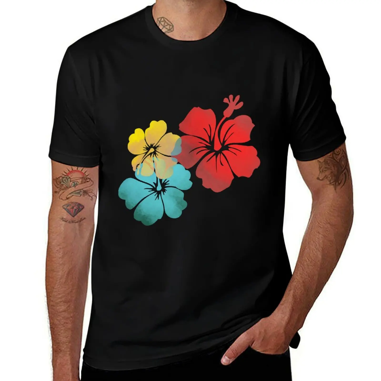 Camiseta Hawaii Hibiscus, naranja, amarilla y azul aguamarina, camiseta informal sencilla de manga corta