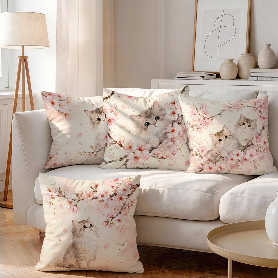 1/4pcs Cherry Blossom Cat Cushions Pillowcase Polyester Cushion Cover Throw Pillow Pillowcover Home Car Sofa Decor