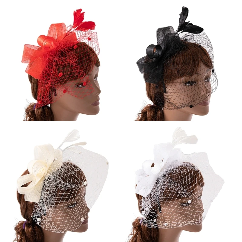 

Women Fascinator Headband Cocktail Headband Fascinator with Veil Tea Party Hat Bowknot Fascinators Veil Mesh N58F