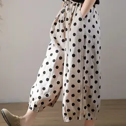 2023 New Arrival Summer Women Cotton Linen Ankle-length Pants Casual Loose Elastic Waist Dot Print Bloomers Pants P660