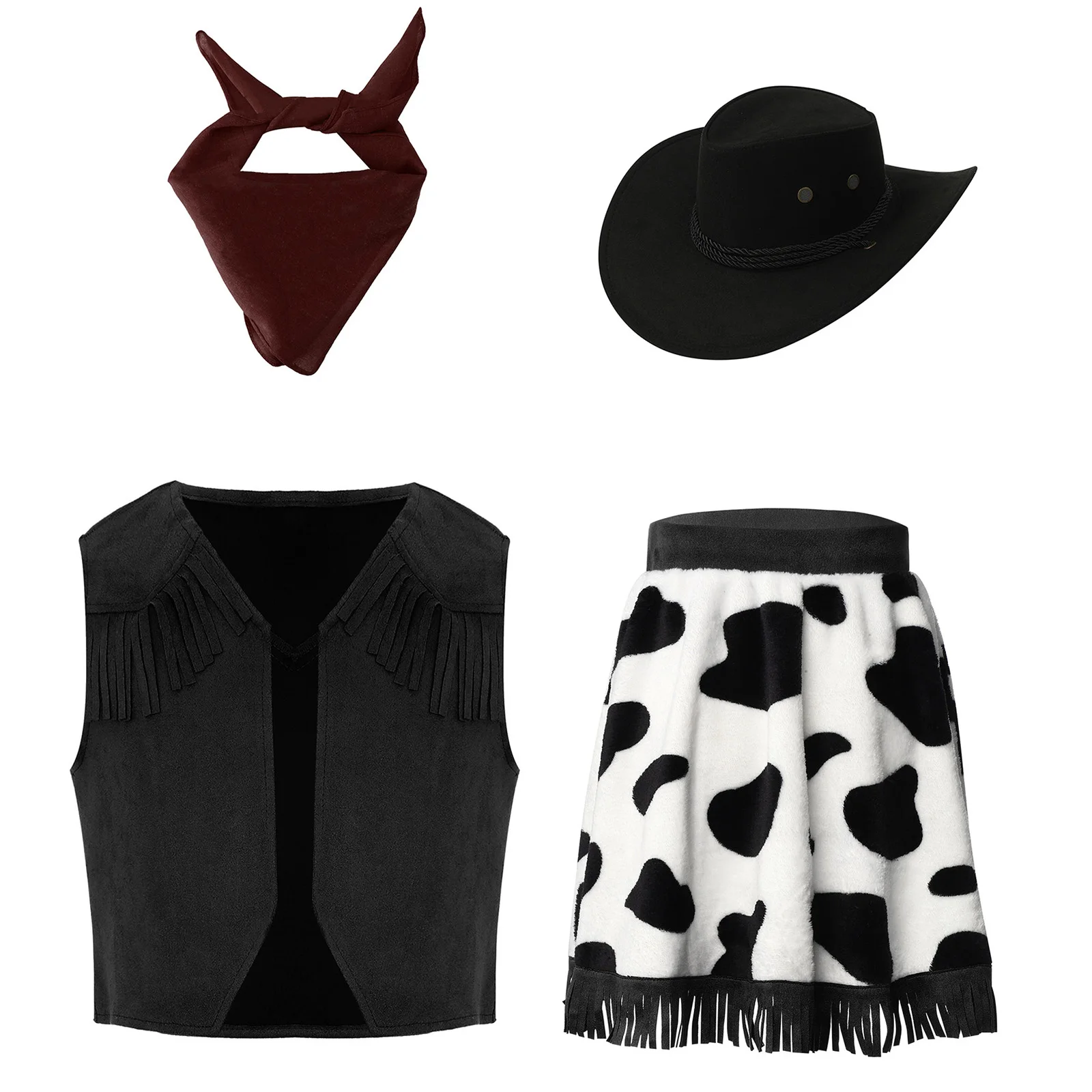 

Костюм пастушки в стиле вестерн для девочек-подростков, жилет с бархатной замшевой юбкой с кисточками, ковбойская шляпа, бандана, карнавальная одежда на Хэллоуин, одежда для косплея