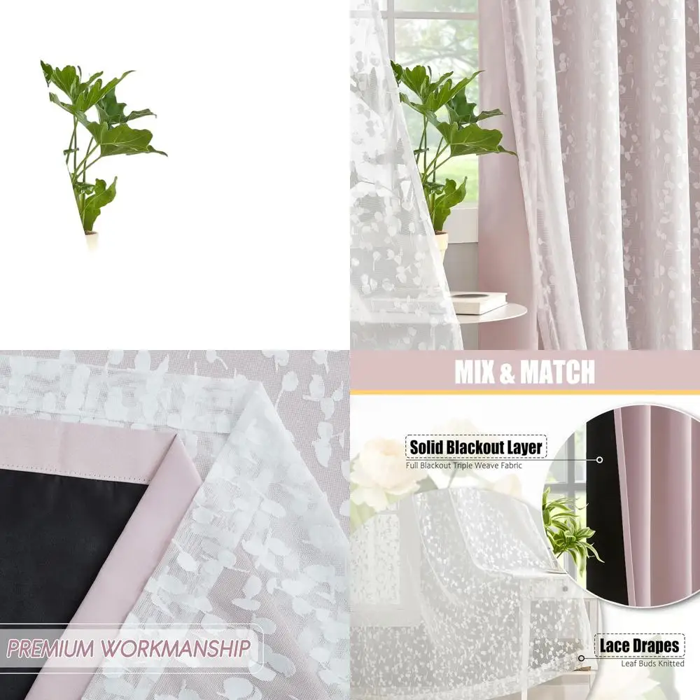 Gorden Transparan Renda Pink & Putih dengan 2 Panel Blackout, 100% Penghalang Cahaya, 52x84, Model Grommet