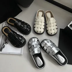 Casual Baotou Half Slippers Women Shoes Summer Indoor Outside Wear 2024 New Retro Weaving Hollow Thick Bottom Roman Slides Mules