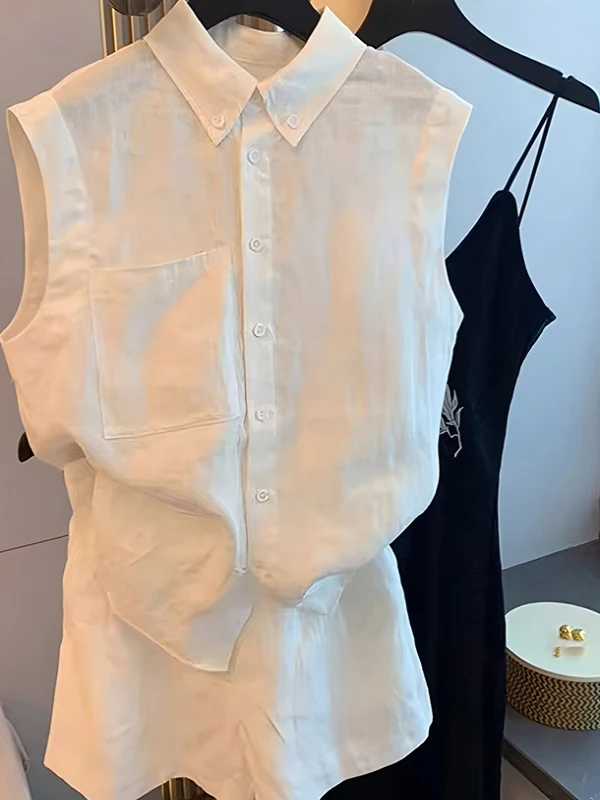 

Korean Casual Style Women's Summer New White Sleeveless Collar Vest Shirt High Waist Shorts Two-Piece Set Fashionable En...