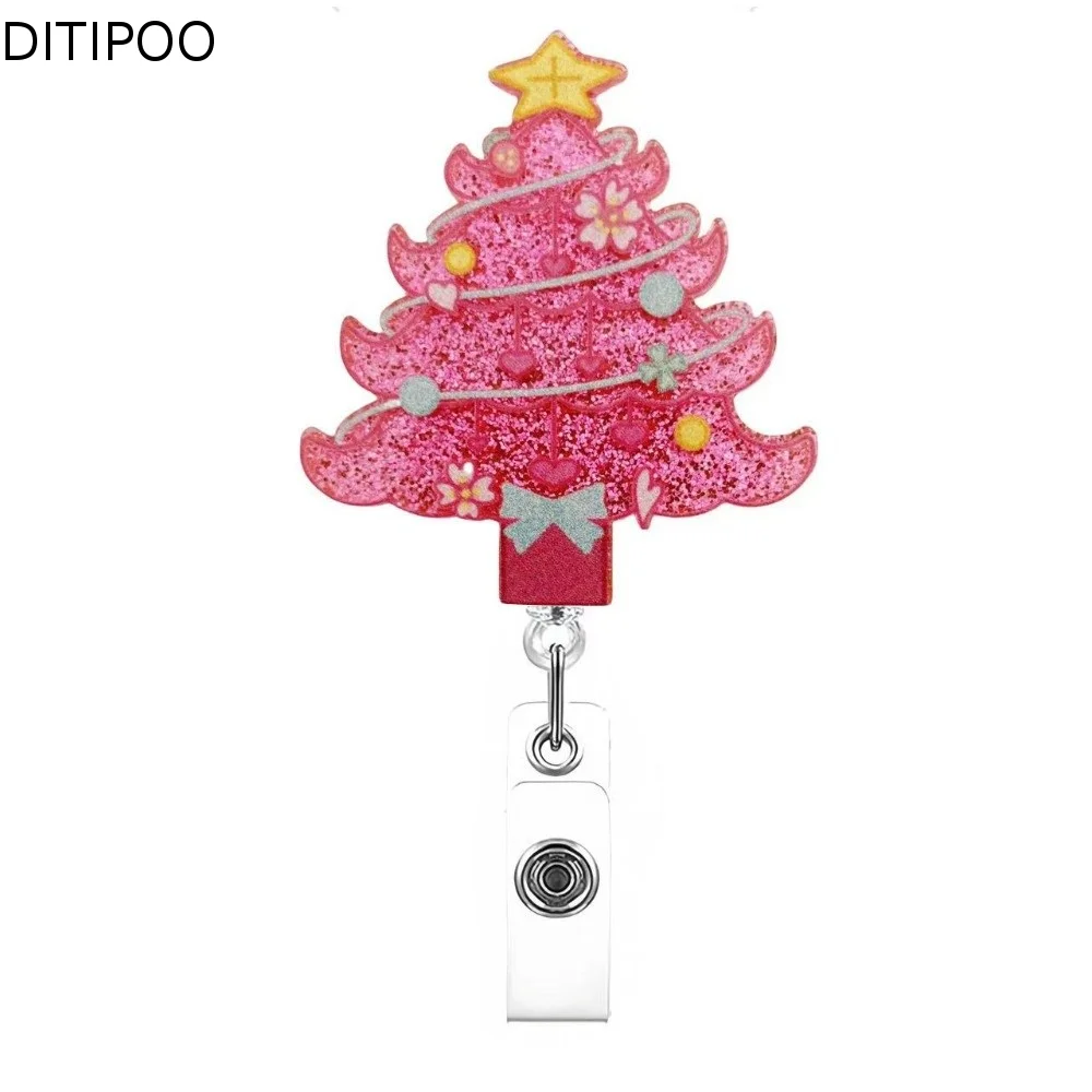 Pink Santa Christmas Badge Holder Santa Claus Reindeer Retractable Badge Reel Glitter Acrylic Retractable ID Holder Office