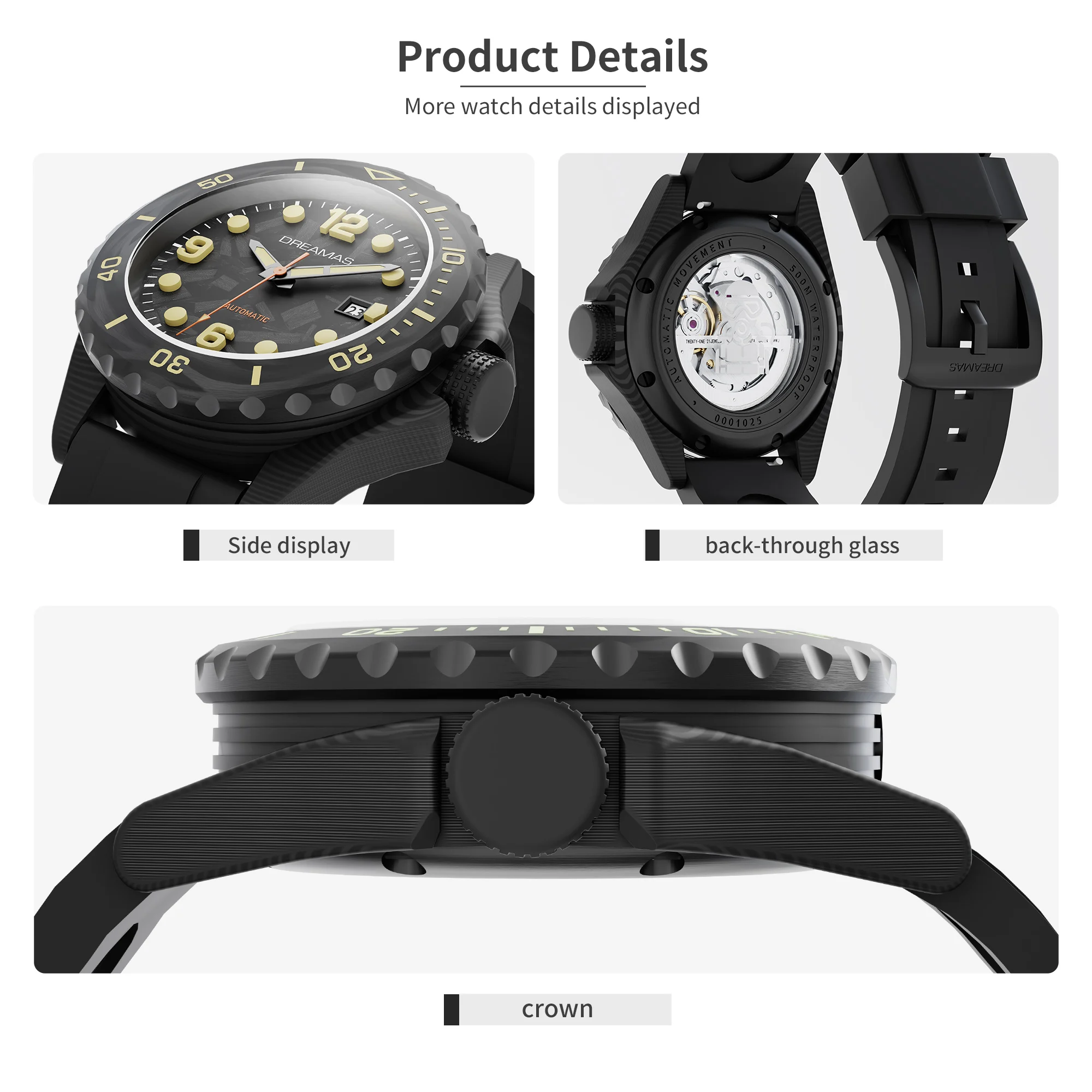 DREAMAS Herren-Taucheruhr aus Kohlefaser, automatische mechanische Taucheruhr, 500 m wasserdicht, Schweizer 3D-Leucht-Sport-Armbanduhr – Detail 5