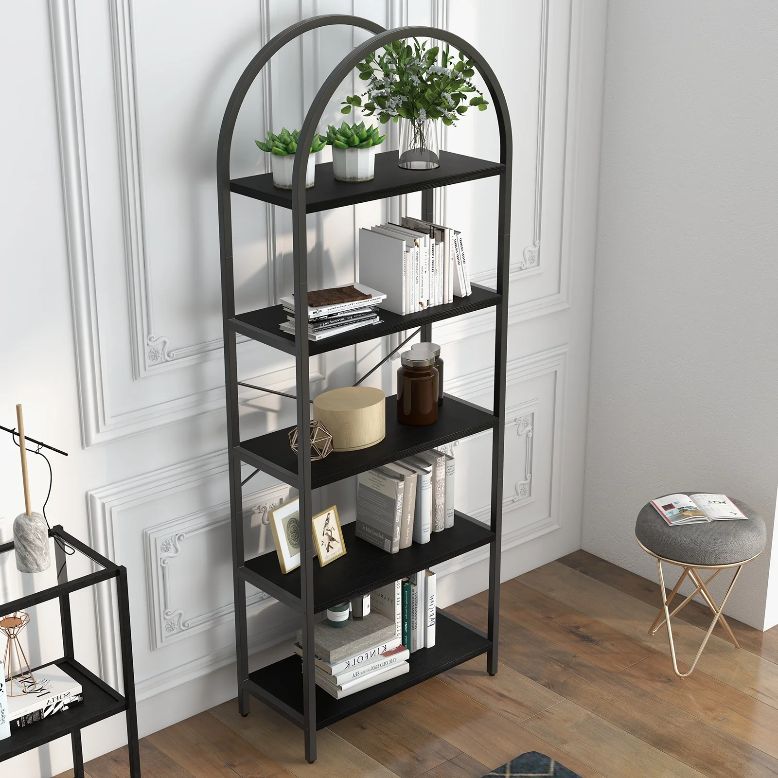 Open Bookshelf, 5-Tier Arched Display Racks, 70.8 Inch Industrial Freestanding Bookshelves with Metal Frame, Tall Storage Rack Organizer for Bedroom Living Room Office Home