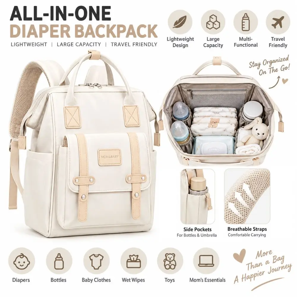 Practical Large Capacity Diaper Bags Multi-Compartment Waterproof Backpack Lightweight Schoolbag for Mom