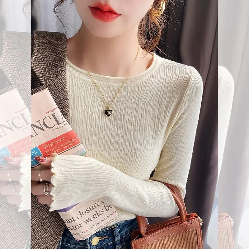 New Pure Color Knitted Base Shirt Women's Spring Autumn Slim Fit 2026 Sweater Stylish round Neck Inner Wear Long Sleeve Top