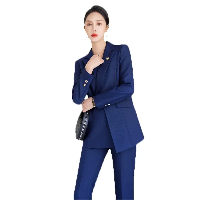 Ensemble 2 pièces bleu pour femme, blazer et pantalon, veste femme, vêtements de travail d'affaires, manteau de mariage, smoking, robe de Rh, dame de bureau, printemps