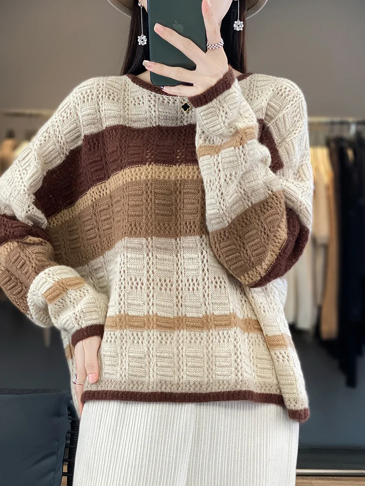 Korean Version Women Cashmere Sweater 100% Merino Wool Knitted Contrast  Color Pullover Lazy Comfortable Top 2024 Autumn Winter