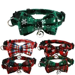 Cat Collar Christmas Bowknot Cat Small Dog Collar with Bell Plaid Snowflake Adjustable Breakaway Pet Kitten Buckle Necklace