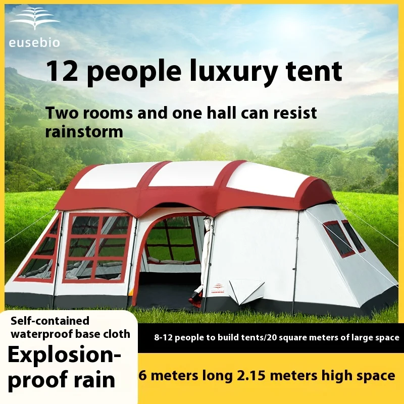 Deluxe 12-Person Outdoor Tent with Two Rooms and One Hall, Super Large Camping Tent for Group Building