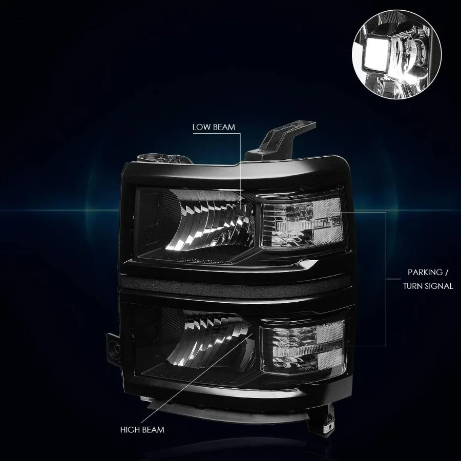 قطعتان من مجموعة المصابيح الأمامية البديلة المتوافقة مع تشيفي سيلفرادو 14-15 | مصابيح أمامية مع غطاء أسود زاوية شفافة #3