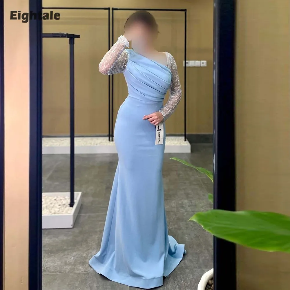 

Eightale Arabic Evening Dress Light Blue Prom Gown Customized Strethcy Long Sleeves Wedding Party Dress Mermaid Robes De Soirée