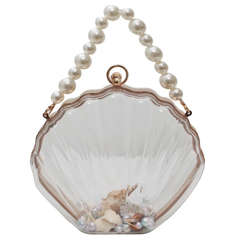 2026 Women Acrylic Shell Clutch Bag Transparent Candy Color Pearl Bead Chain Handbag Clip Frame Evening Party Crossbody Purse view 6