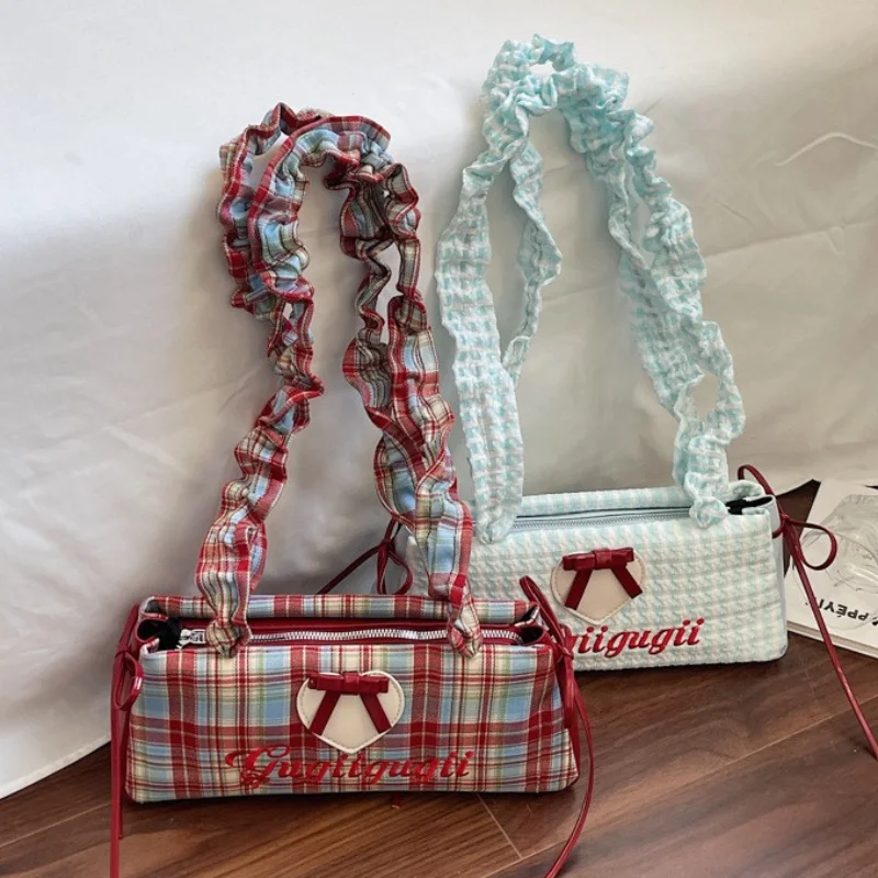 

Корейская сумка через плечо в клетку с бантом, прямоугольная, с кружевной отделкой, модная, изысканная женская сумочка