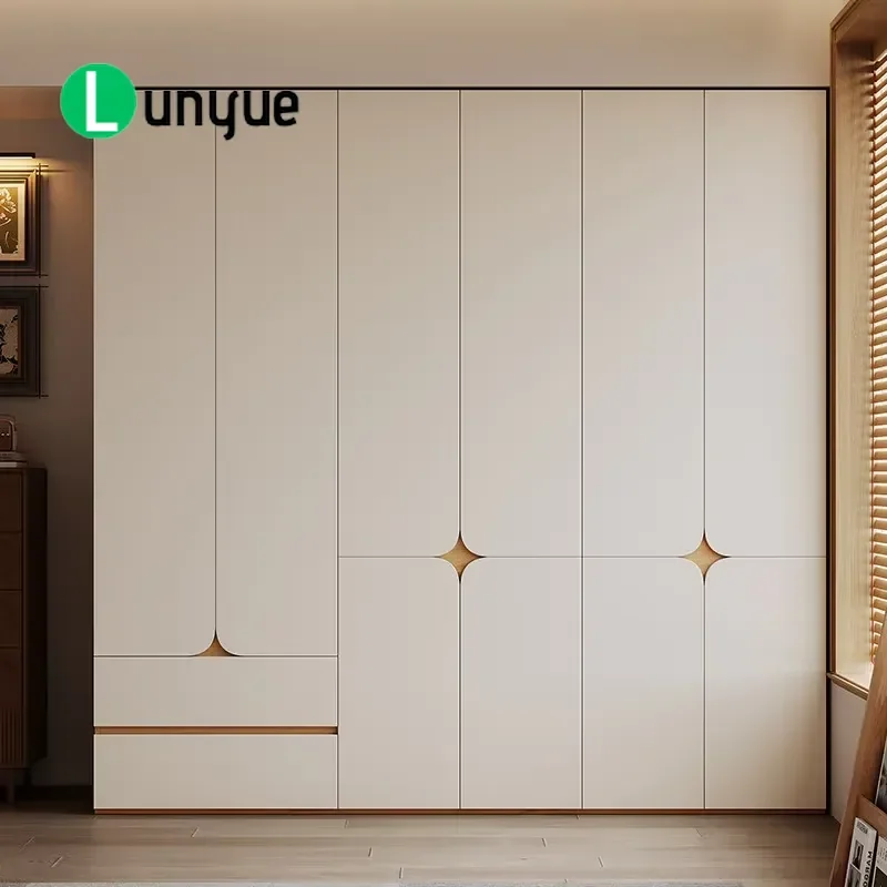 Modern Simple Solid Wood Wardrobe with Swing Door and Upper Lower Drawers Economical Combination Locker for Adult Bedroom