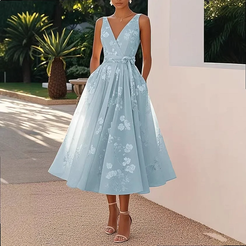 Women's V Neck Sleeveless Evening Dress Formal Party Gown Digital Print Dresses Jumpsuit Playsuit Matching Set