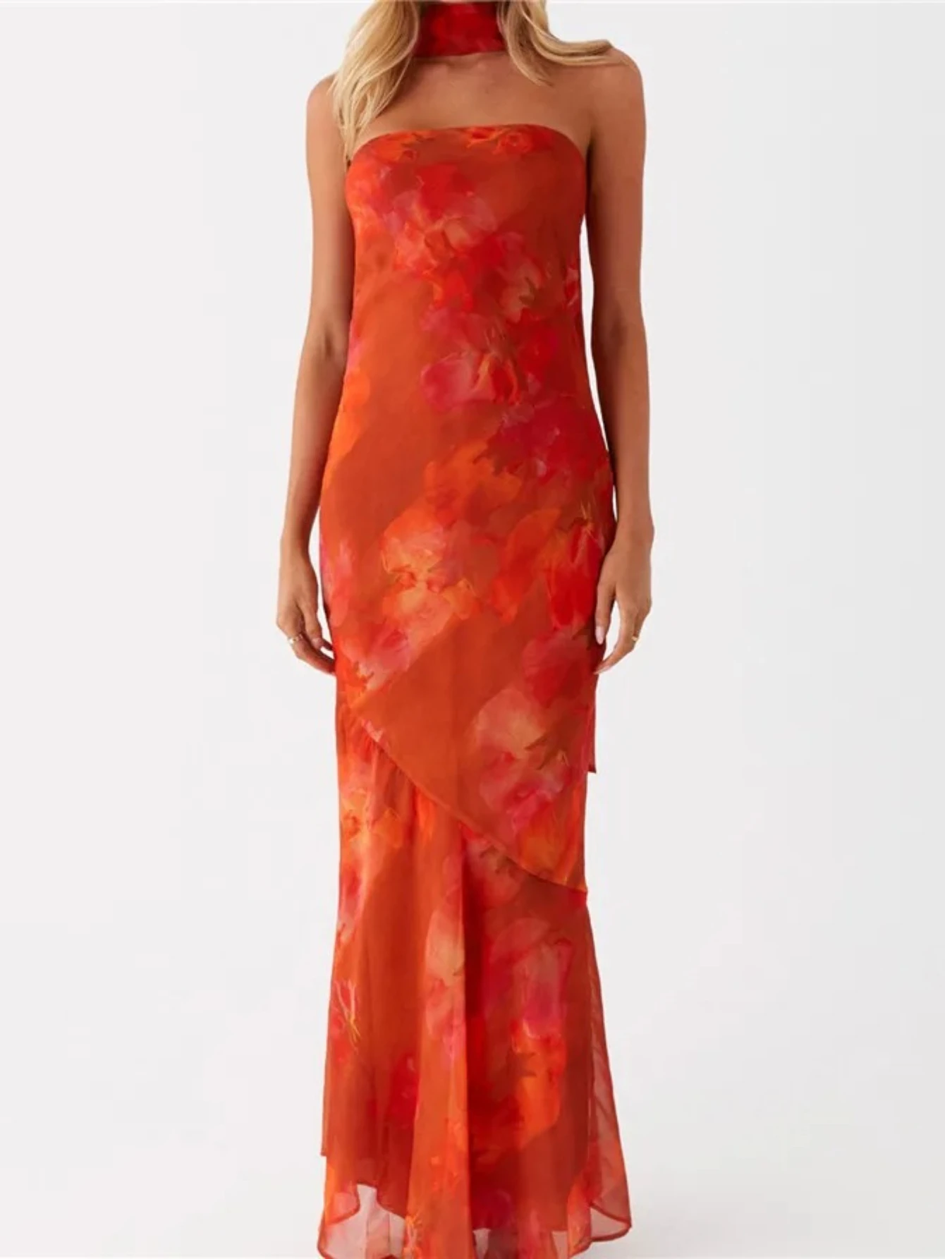 여성용 플로럴 스트랩리스 드레스 Y2K 백리스 슬리브리스 튜브 롱 드레스 섹시 메쉬 바디콘 여름 비치 파티 선드레스