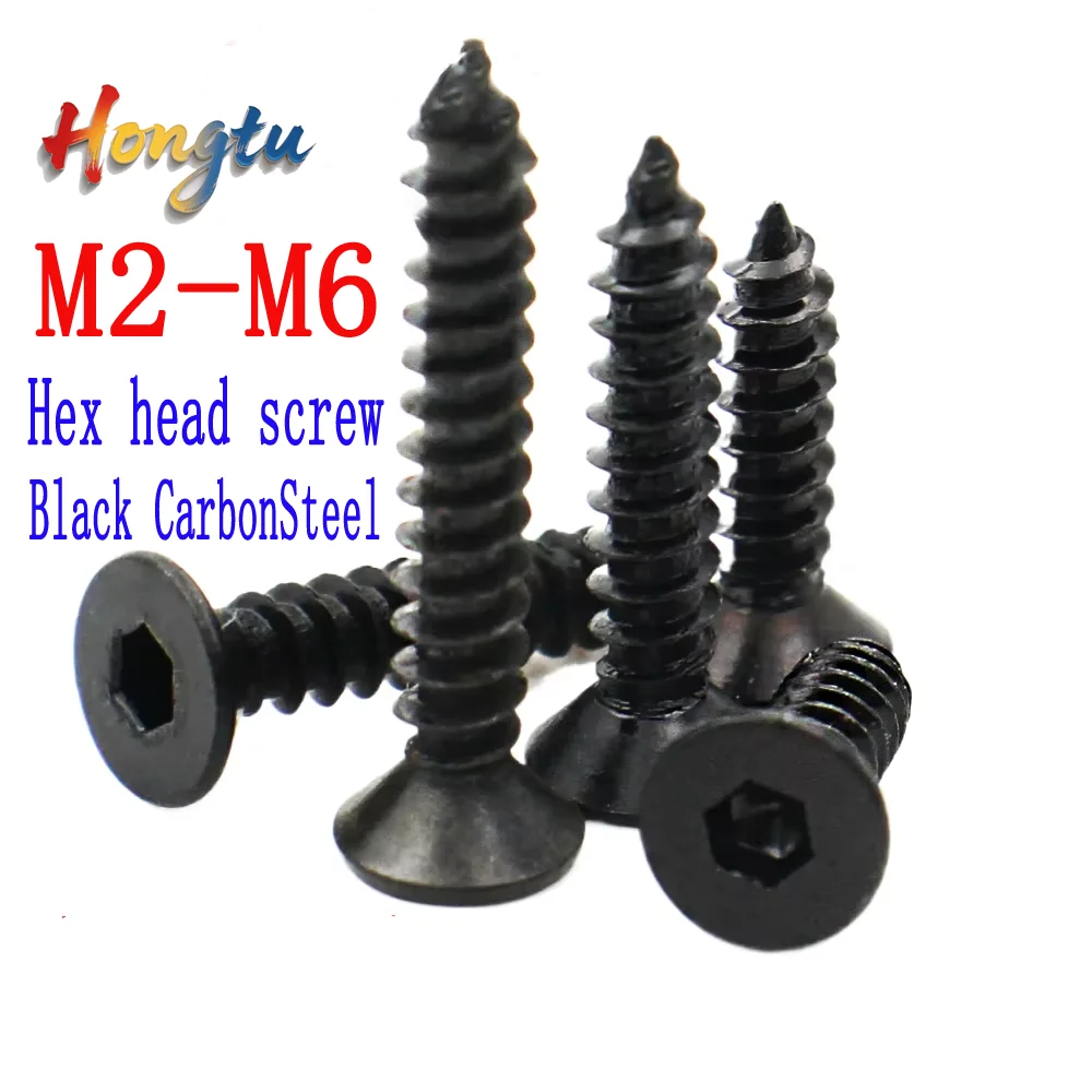 

100pcs/lot Hex/Hex Socket/Flat/Countersunk Head Self-Tapping Screws. Sizes: M2, M2.3, M2.6, M3, M4, M5, M6. Black Carbon Steel.
