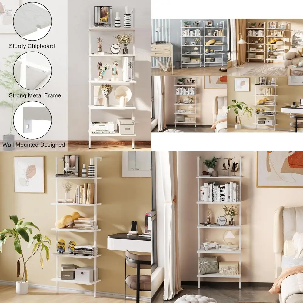 

5-ярусная белая деревянная настенная открытая полка для книг, растений и организации домашнего пространства