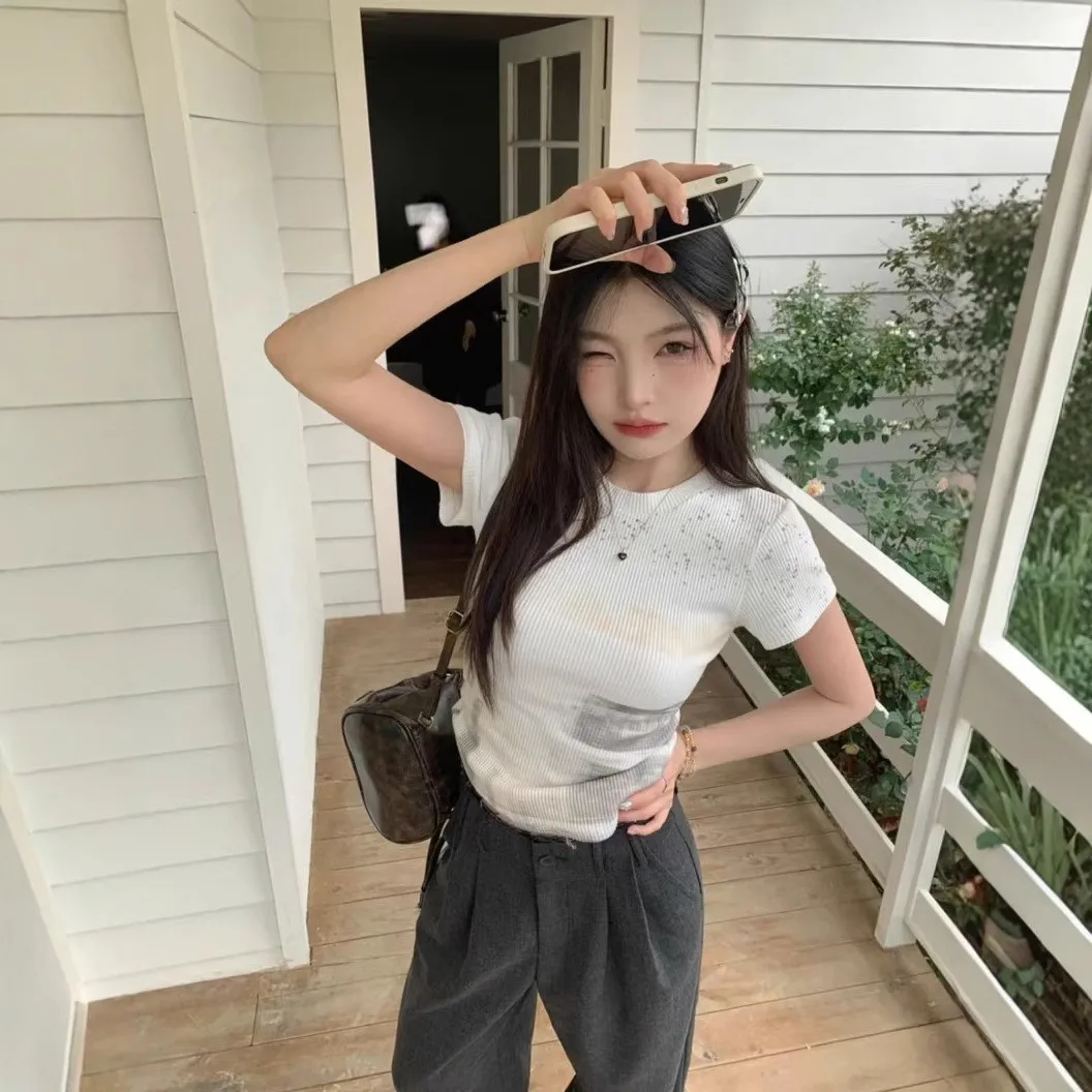 قميص نسائي بأكمام قصيرة وتصميم تاي داي ضيق، نمط عصري للأعمال والمنزل، مصنوع من النايلون والليكرا، أكمام عادية، قمة أنيقة للصيف