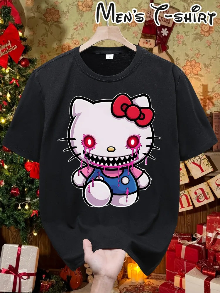 Camiseta con lazo gótico con temática de terror de Hello Kitty y ojos que se caen de sangre, cuello redondo informal para mujer, divertida manga corta navideña