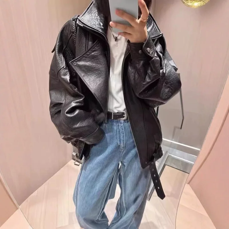 

Luxury Soft Leather Jacket Women Vintage Bomber Jackets PU Moto Biker Coats Windbreaker Korean Fashion Women Outerwears Unisex