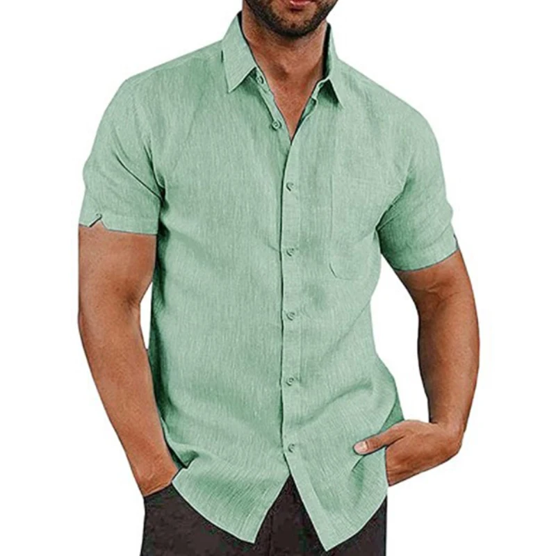 2024 New Style Cotton Linen Hot Sale Men\'s Short-Sleeved Shirts Summer Solid Color Turn-down collar Casual Beach Style Plus Size