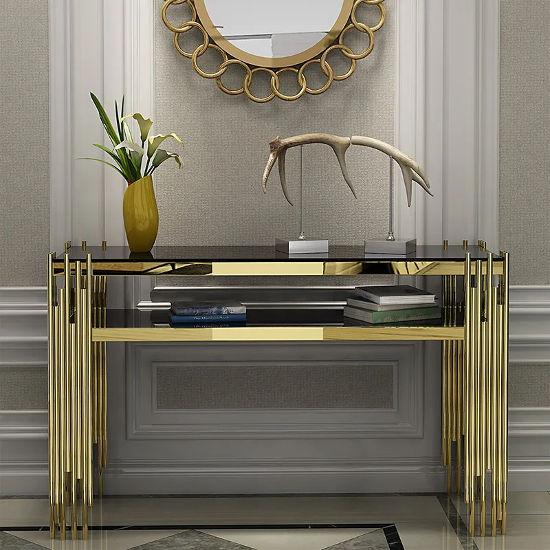

Modern Simple Entrance Stainless Steel Glass Against The Wall Strip Case Living Room Decoration Entrance Table