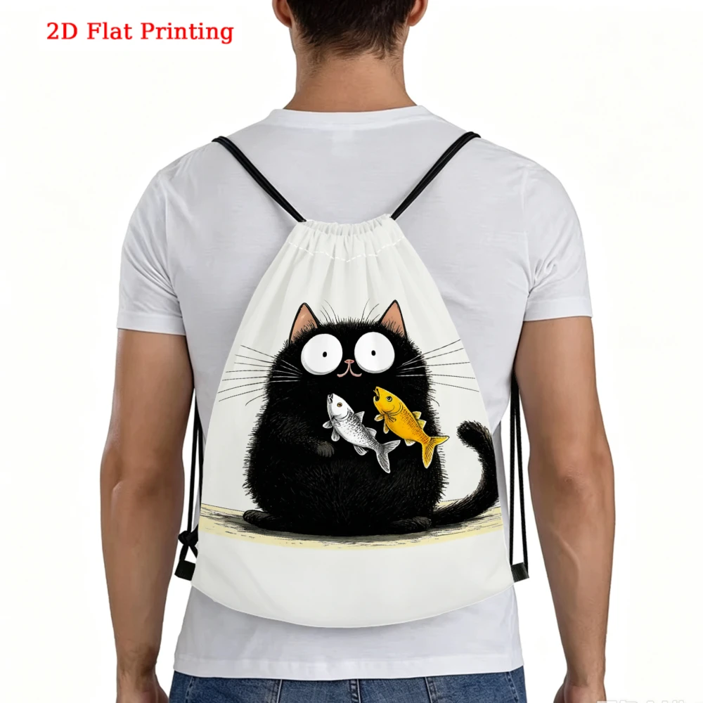 Cute Cartoon Style, Drawstring Backpack, Funny Black Cat Holding Fish Pattern, Gym Sports Bag, Outdoor Travel Drawstring Bag