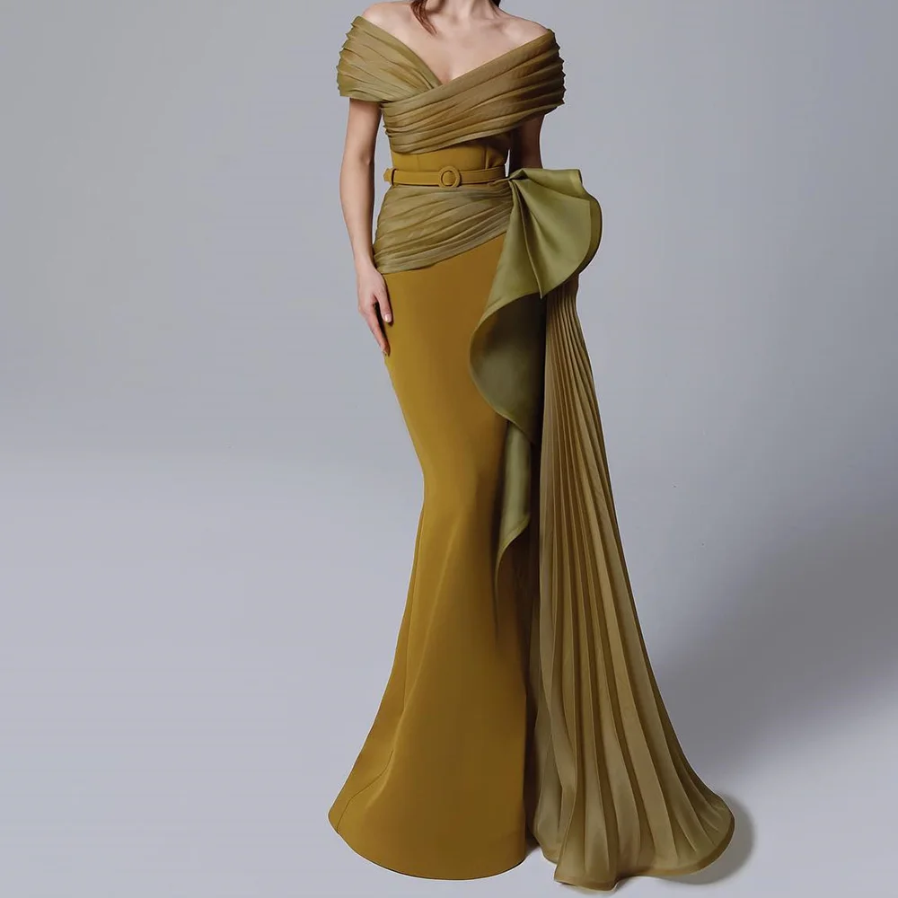 

Customized Mermaid Off the Shoulder Evening Dress with Belt V-Neck Jersey Zipper Back Panel Train Saudi Arabia Celebrity Gowns