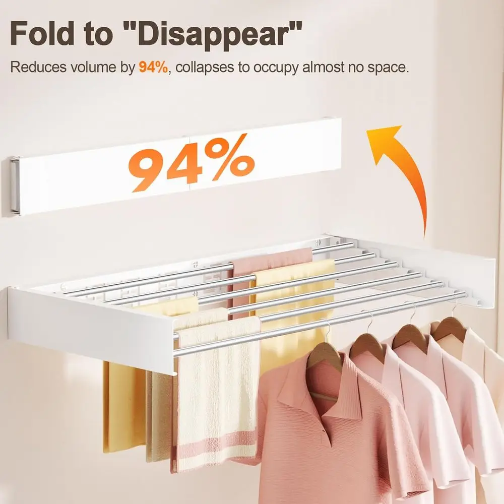 Space-Saving Indoor Folding Clothes Drying Rack, Collapsible & Retractable, 6 Rods, White, 40