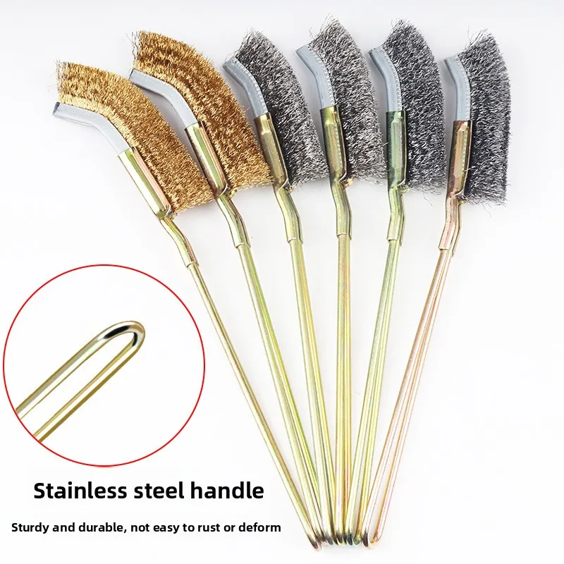 Stainless Steel Mini Wire Brush Set with Curved Handle Copper Steel Bristles for Rust Removal Cleaning Welding Slag DIY Tool